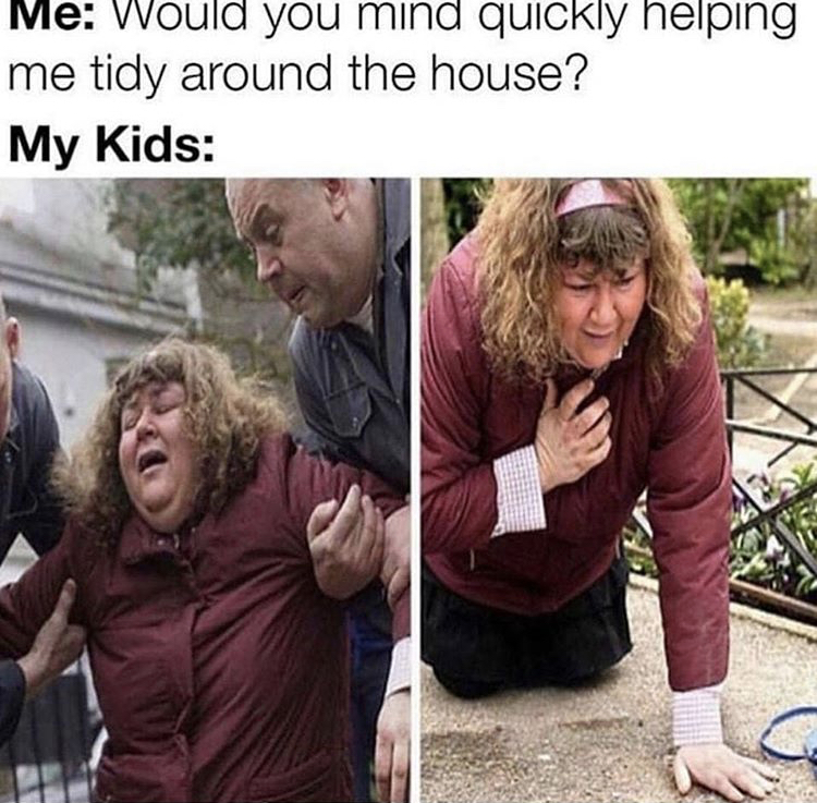 parenting meme - Me Would you mind quickly helping me tidy around the house? My Kids