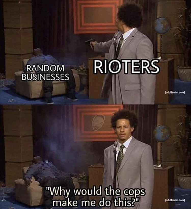 would america do this meme - Random Businesses Rioters Multim.com "Why would the cops make me do this?" adultim.com