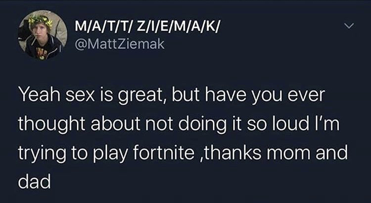 ariana grande tweet rem - MATT Z\EMAK Yeah sex is great, but have you ever thought about not doing it so loud I'm trying to play fortnite ,thanks mom and dad