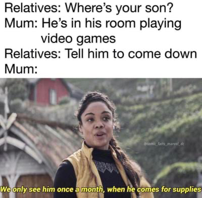 photo caption - Relatives Where's your son? Mum He's in his room playing video games Relatives Tell him to come down Mum comi_facts_arvel de We only see him once a month, when he comes for supplies