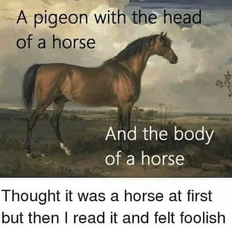 eagle, a celebrated stallion - A pigeon with the head of a horse And the body of a horse Thought it was a horse at first but then I read it and felt foolish