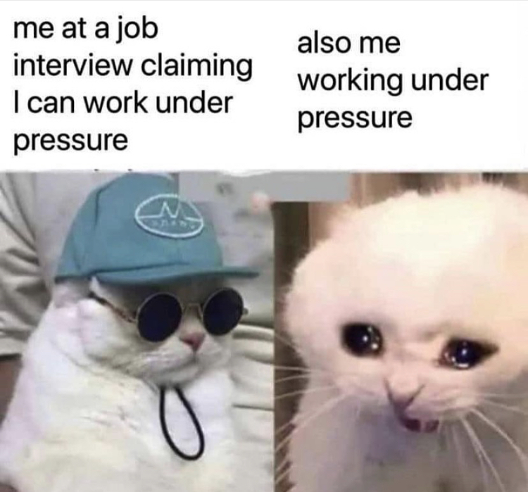 working under pressure meme - me at a job interview claiming I can work under pressure also me working under pressure a