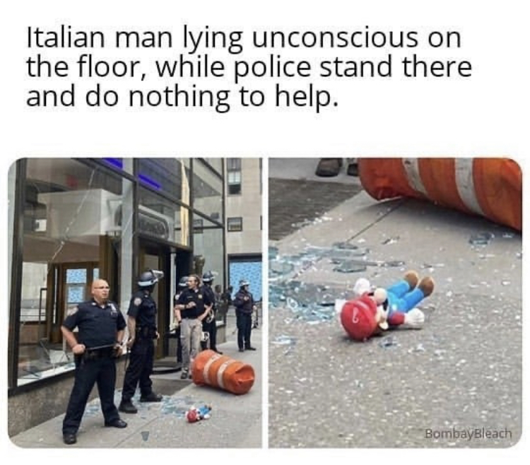 play - Italian man lying unconscious on the floor, while police stand there and do nothing to help. BombayBleach