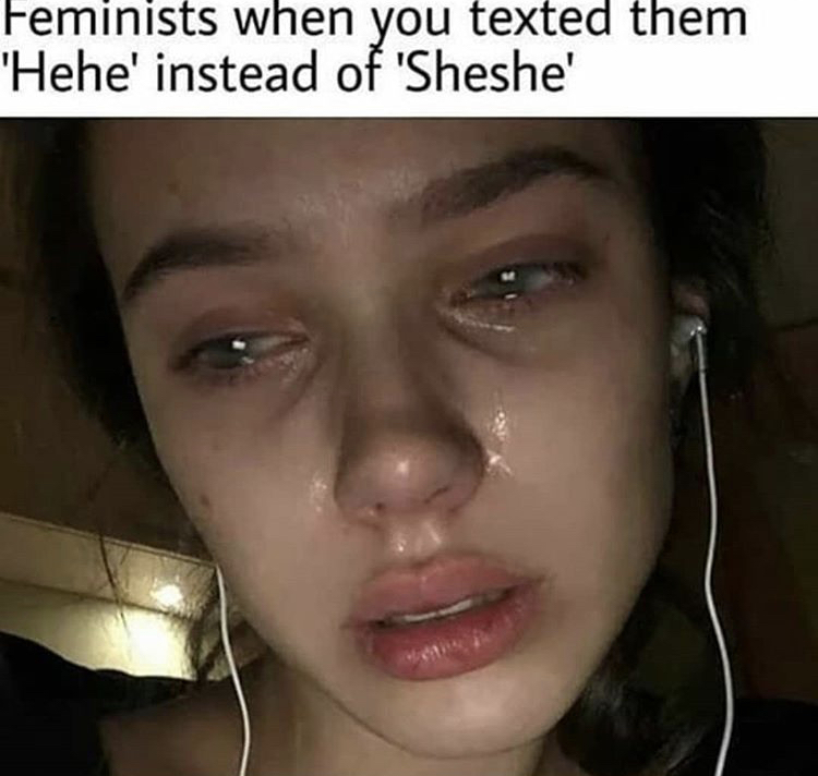 disappointed meme face - Feminists when you texted them "Hehe' instead of 'Sheshe'