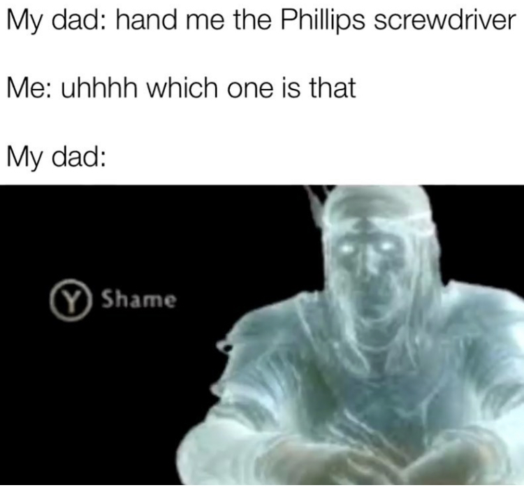 shame memes - My dad hand me the Phillips screwdriver Me uhhhh which one is that My dad Y Shame
