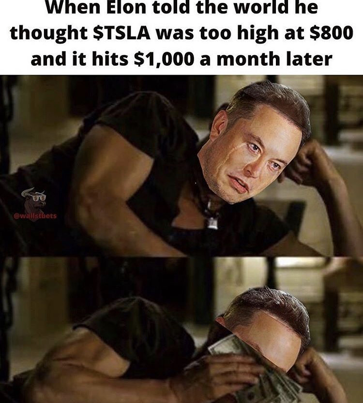 photo caption - When Elon told the world he thought $Tsla was too high at $800 and it hits $1,000 a month later Ud