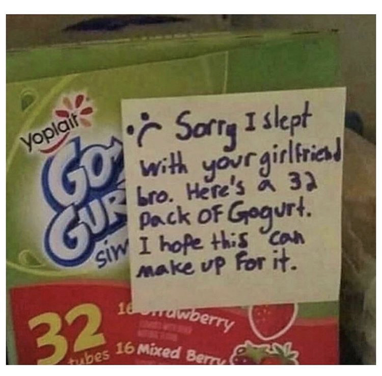 Yoplait Go i Sorry I slept with your girlfriend bro. Here's a 32 Pack of Gogurt. siw I hope this can make up for it. 32 10 rawberry 16 Mixed Bern bes