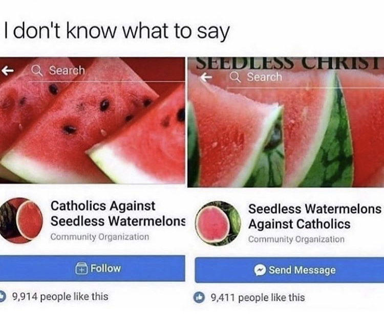 seedless watermelon meme - I don't know what to say Q Search Seedless Christ Q Search Catholics Against Seedless Watermelons Community Organization Seedless Watermelons Against Catholics Community Organization Send Message 9,914 people this 9,411 people t