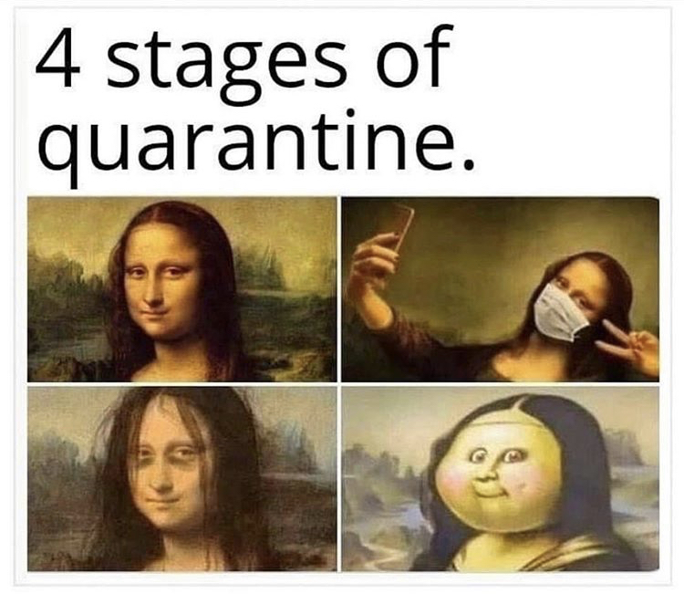 mona lisa quarantine meme - 4 stages of quarantine.