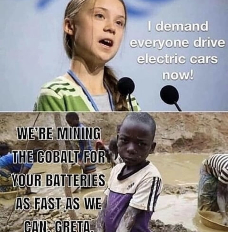 greta thunberg electric car meme - I demand everyone drive electric cars now! We'Re Mining The Cobalt For Your Batteries As Fast As We Can Greta