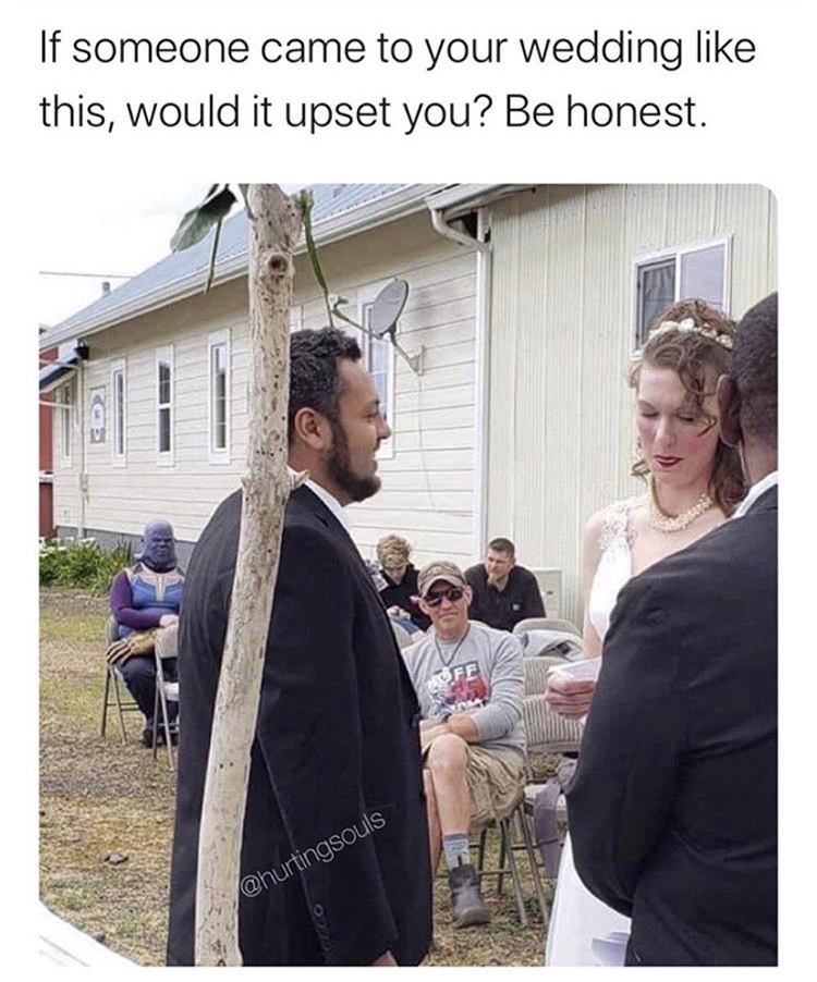 thanos wedding meme - If someone came to your wedding this, would it upset you? Be honest. ahurtingsouls