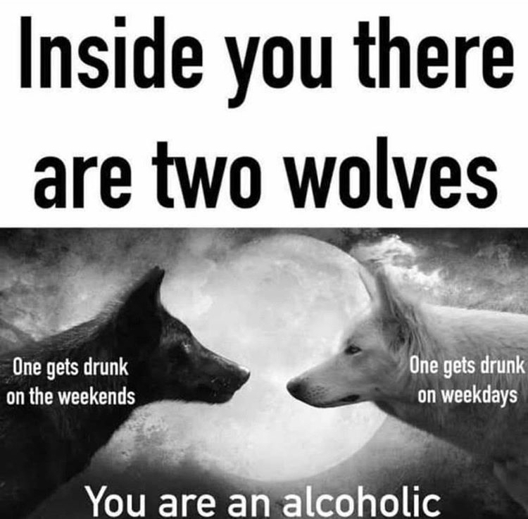 inside of you there are two wolves - Inside you there are two wolves One gets drunk on the weekends One gets drunk on weekdays You are an alcoholic