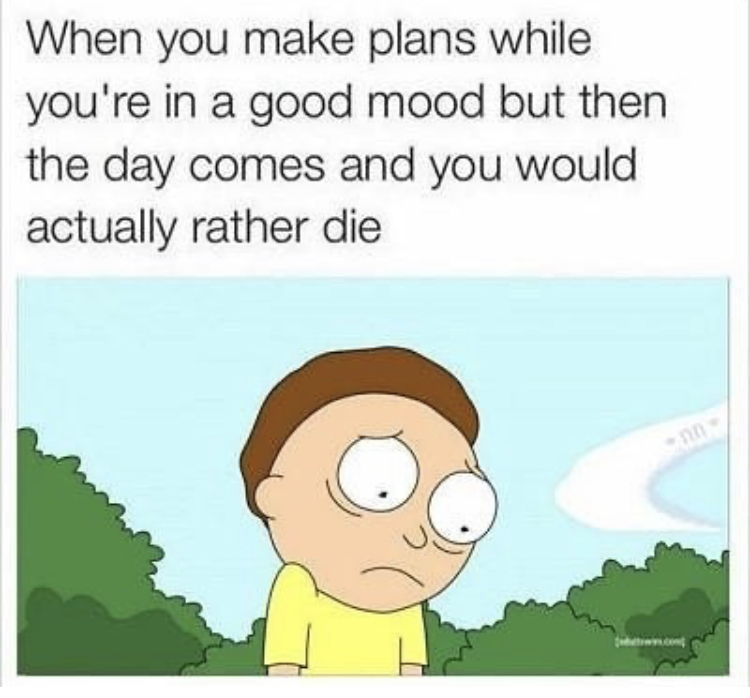 rick and morty memes - When you make plans while you're in a good mood but then the day comes and you would actually rather die