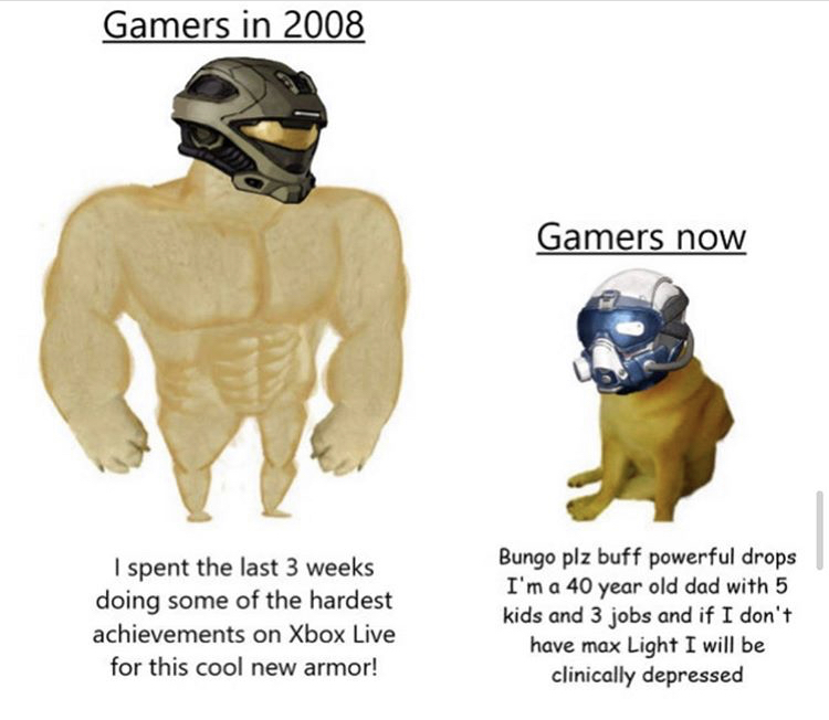 swole doge vs cheems meme template - Gamers in 2008 Gamers now I spent the last 3 weeks doing some of the hardest achievements on Xbox Live for this cool new armor! Bungo plz buff powerful drops I'm a 40 year old dad with 5 kids and 3 jobs and if I don't 