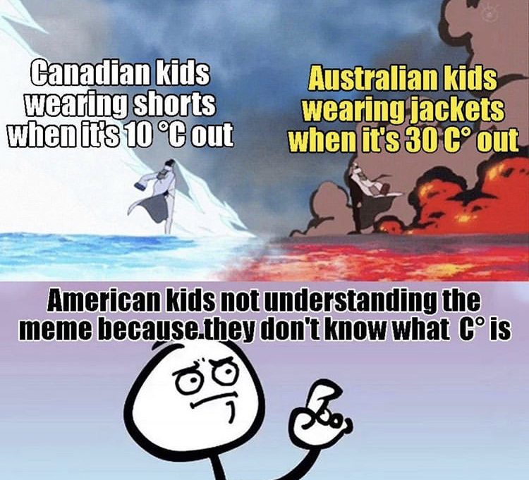 cartoon - Canadian kids wearing shorts when it's 10 C out Australian kids wearing jackets when it's 30 C out American kids not understanding the meme because they don't know what Cis
