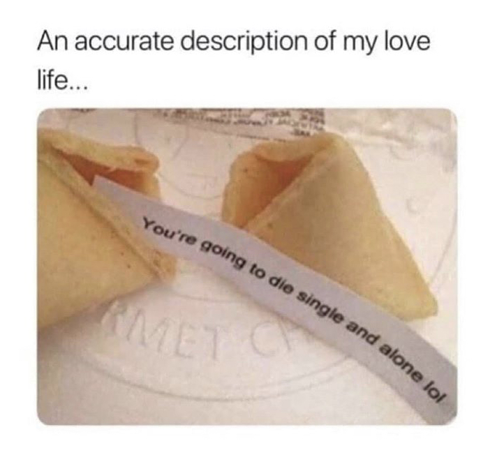 fortune cookie - to die single and alone lol An accurate description of my love life... Amet