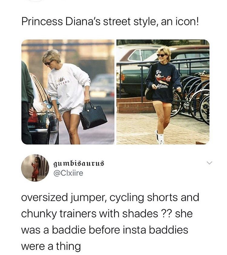 shoulder - Princess Diana's street style, an icon! Arvard Atlantis gumbisaurus oversized jumper, cycling shorts and chunky trainers with shades ?? she was a baddie before insta baddies were a thing