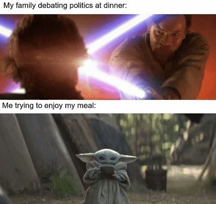 baby yoda sipping soup gif - My family debating politics at dinner Me trying to enjoy my meal