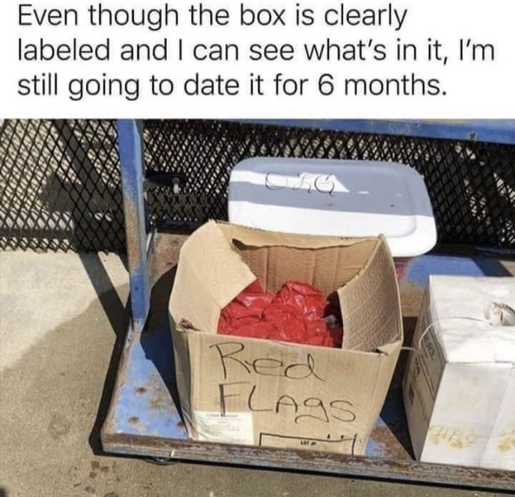 box of red flags meme - Even though the box is clearly labeled and I can see what's in it, I'm still going to date it for 6 months. Flags