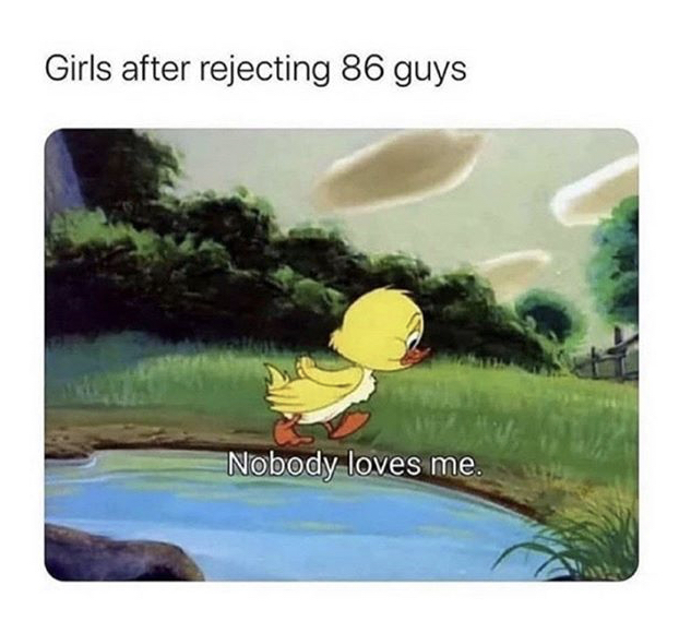 Internet meme - Girls after rejecting 86 guys Nobody loves me.