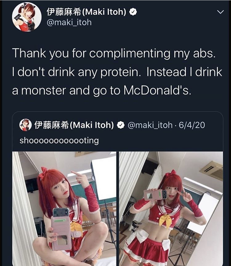media - Pr Maki Itoh Thank you for complimenting my abs. I don't drink any protein. Instead I drink a monster and go to McDonald's. ##Maki Itoh . 6420 shoooooooooooting