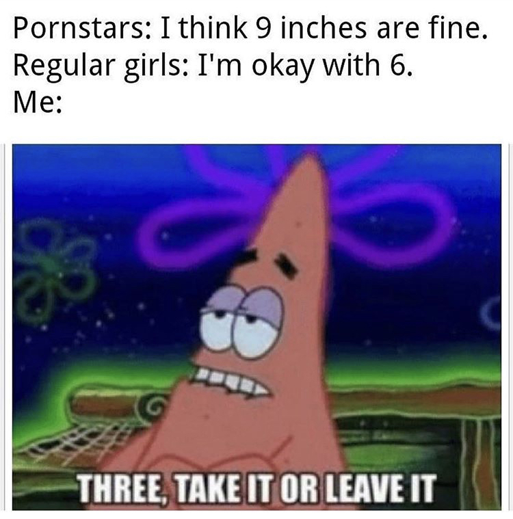 Pornstars I think 9 inches are fine. Regular girls I'm okay with 6. Me Three, Take It Or Leave It