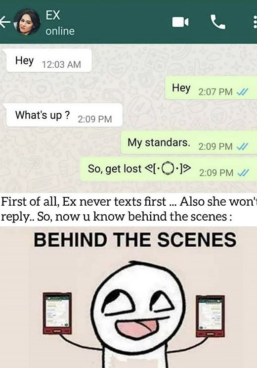 Ex online Hey Hey What's up ? My standars. Vi So, get lost el.O. Vi First of all, Ex never texts first ... Also she won' .. So, now u know behind the scenes Behind The Scenes