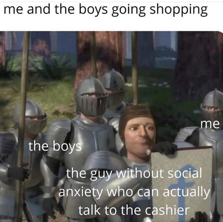 shrek f meme - me and the boys going shopping me the boys the guy without social anxiety who can actually talk to the cashier