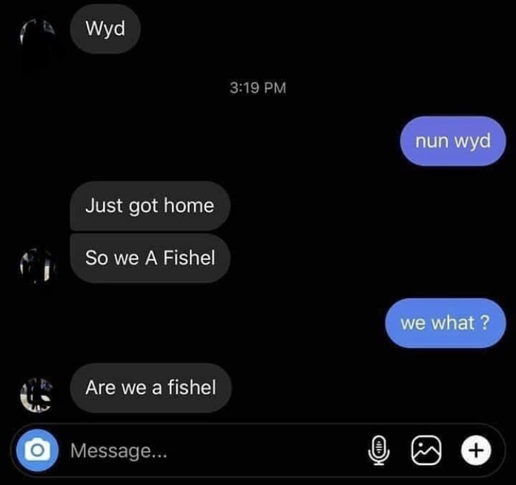 Wyd nun wyd Just got home So we A Fishel we what? Are we a fishel Message... @