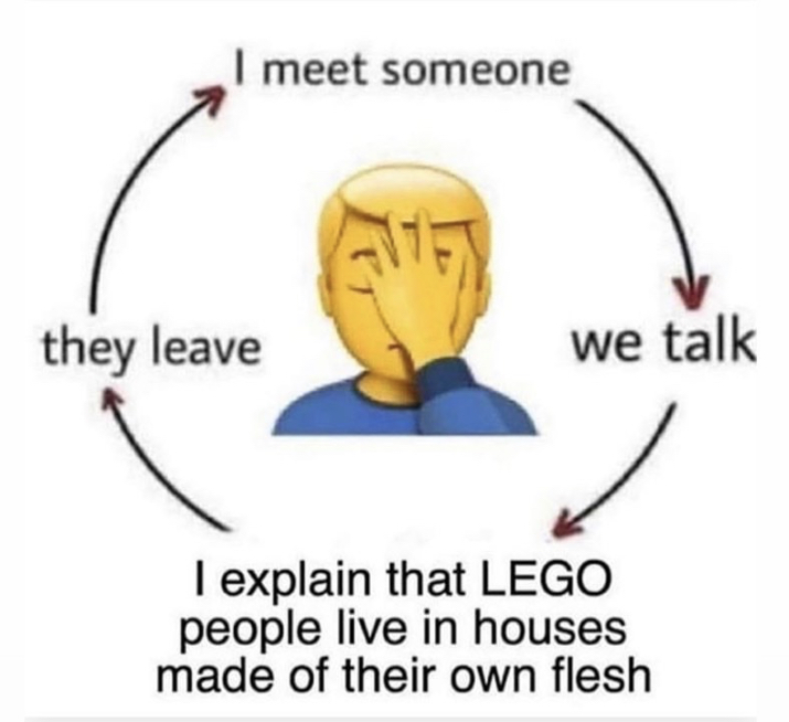 meet someone cycle meme - I meet someone they leave we talk I explain that Lego people live in houses made of their own flesh
