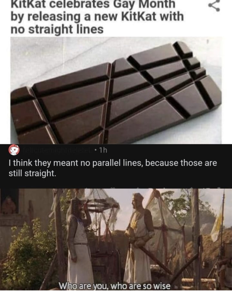 Facepalm - Kitkat celebrates Gay Month by releasing a new KitKat with no straight lines 1h I think they meant no parallel lines, because those are still straight. Who are you, who are so wise