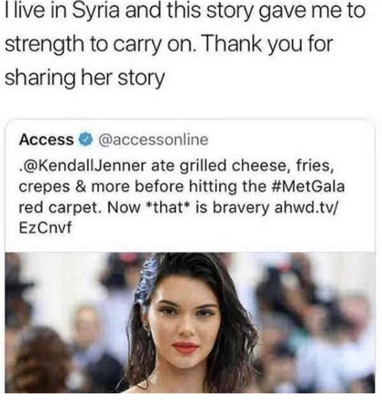 kendall jenner model - I live in Syria and this story gave me to strength to carry on. Thank you for sharing her story Access ate grilled cheese, fries, crepes & more before hitting the red carpet. Now that is bravery ahwd.tv EzCnvf