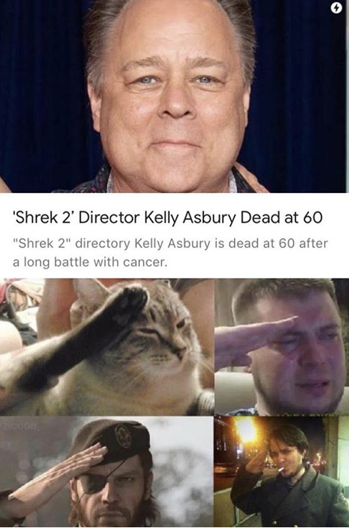 salute meme - 'Shrek 2' Director Kelly Asbury Dead at 60 "Shrek 2" directory Kelly Asbury is dead at 60 after a long battle with cancer.