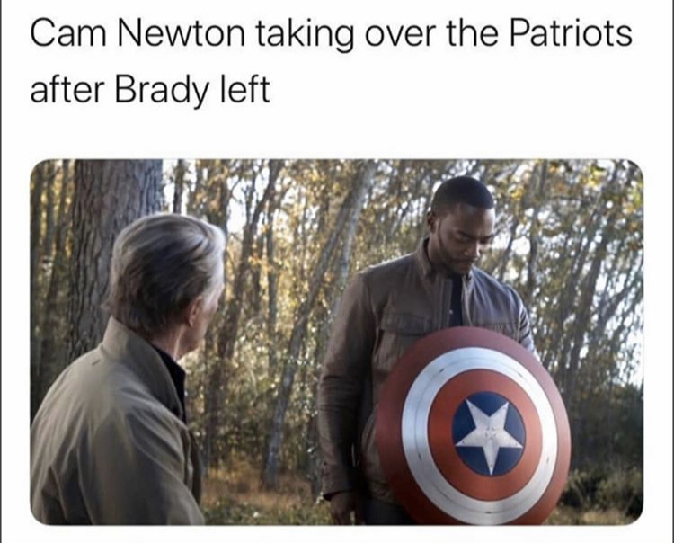 captain america gives shield to sam - Cam Newton taking over the Patriots after Brady left