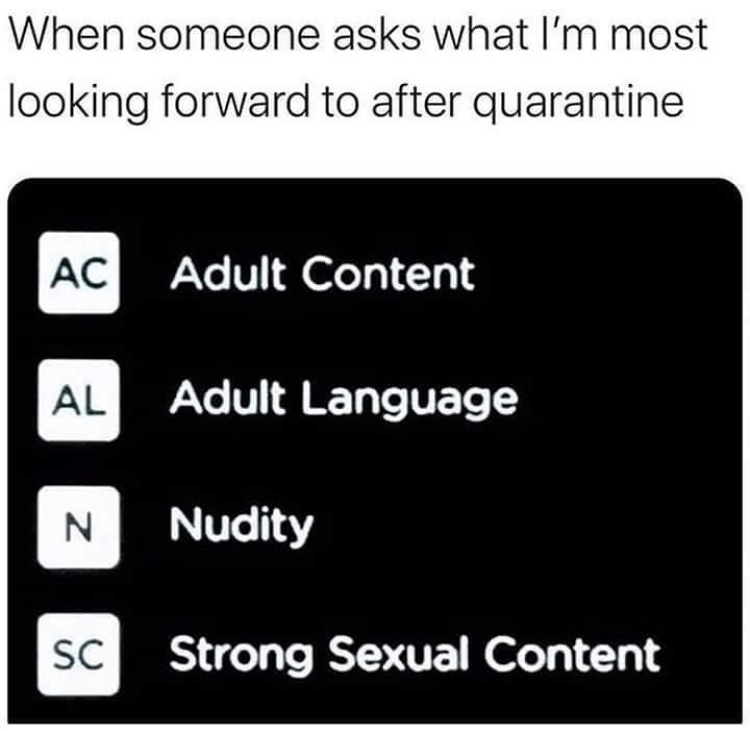 multimedia - When someone asks what I'm most looking forward to after quarantine Ac Adult Content Al Adult Language N Nudity Sc Strong Sexual Content