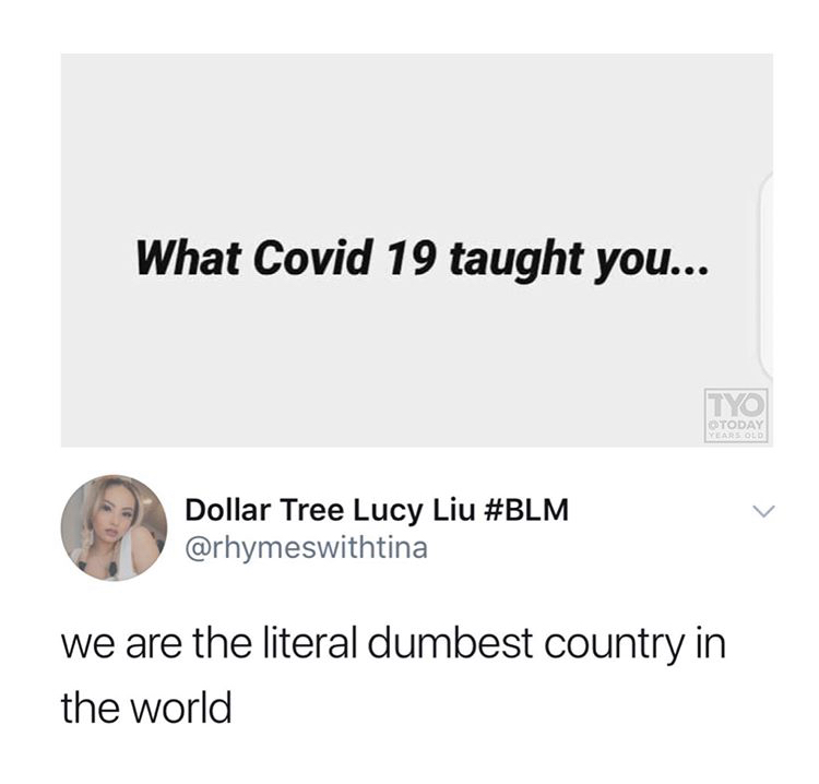 flight for life - What Covid 19 taught you... Tyo Today Years Old Dollar Tree Lucy Liu we are the literal dumbest country in the world