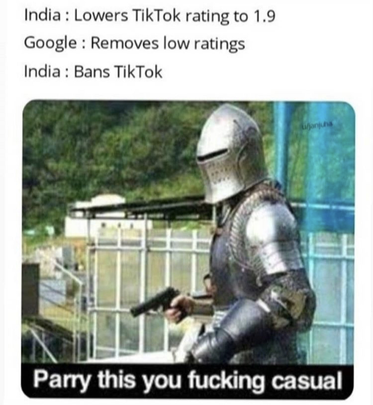 parry this you fucking casual meme - India Lowers TikTok rating to 1.9 Google Removes low ratings India Bans TikTok Uljanja Parry this you fucking casual