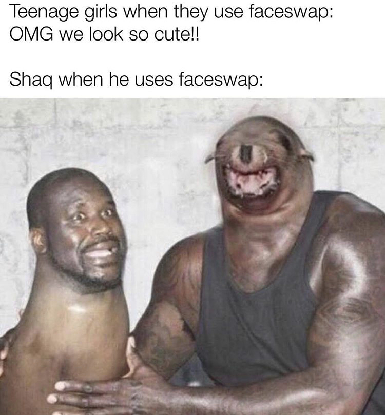 blursed face swap - Teenage girls when they use faceswap Omg we look so cute!! Shaq when he uses faceswap