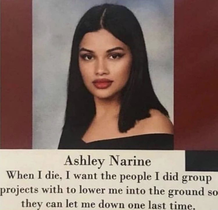 die i want the people i did group projects w - Ashley Narine When I die. I want the people I did group projects with to lower me into the ground so they can let me down one last time.