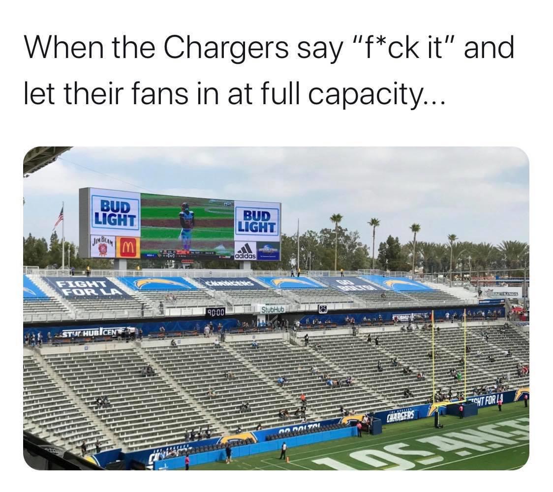 Dignity Health Sports Park - When the Chargers say "fck it" and let their fans in at full capacity... Bud Light Bud Light Jim Beam im adidas Chand Fight For La Etings 9000 StubHub Stut Hubicen Tht Forly Chargers nonITNI