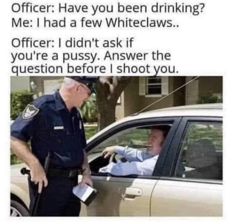 cop pulling someone over - Officer Have you been drinking? Me I had a few Whiteclaws.. Officer I didn't ask if you're a pussy. Answer the question before I shoot you.