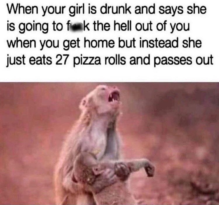 dead monkey - When your girl is drunk and says she is going to feak the hell out of you when you get home but instead she just eats 27 pizza rolls and passes out