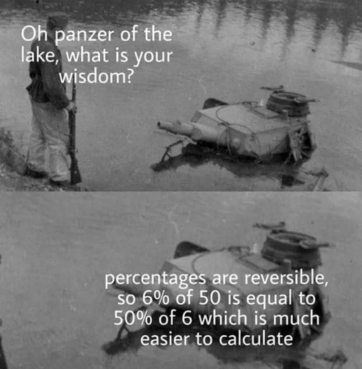 panzer of the lake - Oh panzer of the lake, what is your wisdom? percentages are reversible, So 6% of 50 is equal to 50% of 6 which is much easier to calculate
