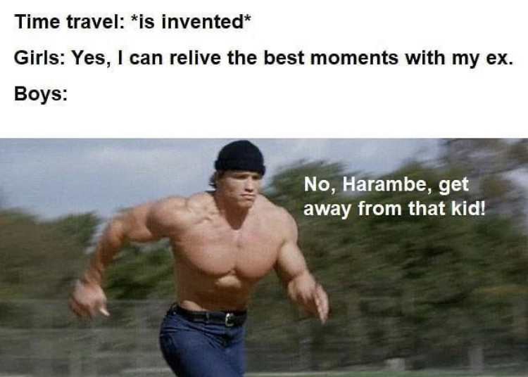 Time travel is invented Girls Yes, I can relive the best moments with my ex. Boys No, Harambe, get away from that kid!