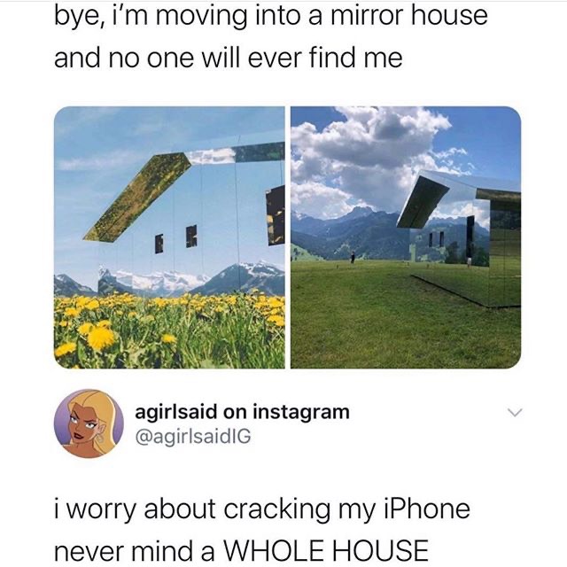 grass - bye, i'm moving into a mirror house and no one will ever find me agirlsaid on instagram i worry about cracking my iPhone never mind a Whole House