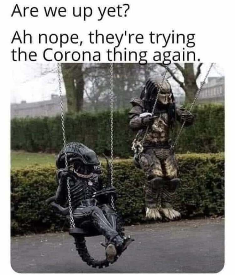 predator and alien swinging - Are we up yet? Ah nope, they're trying the Corona thing again.