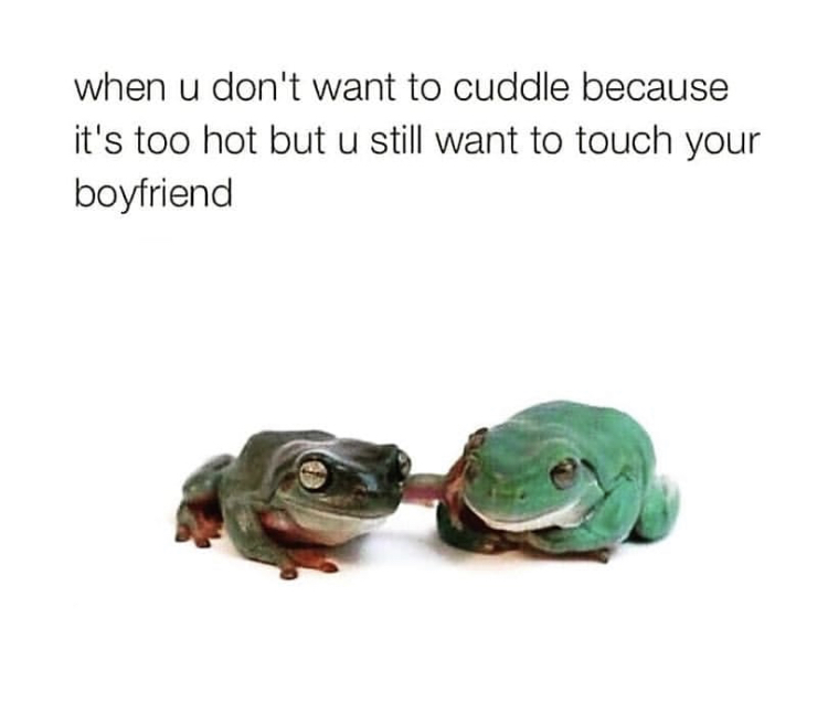 frog comforting another frog - when u don't want to cuddle because it's too hot but u still want to touch your boyfriend