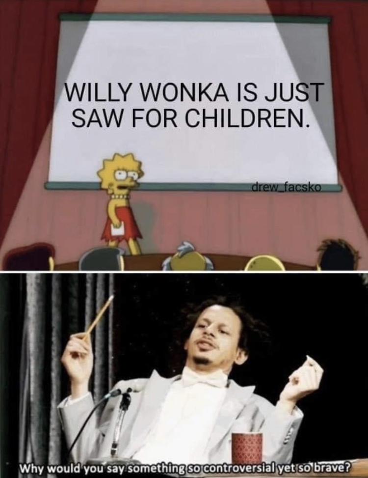 would you say something so controversial yet so brave - Willy Wonka Is Just Saw For Children. drewufacsko Why would you say something so controversial yet so brave?