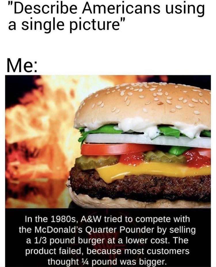 americans meme - "Describe Americans using a single picture" Me In the 1980s, A&W tried to compete with the McDonald's Quarter Pounder by selling a 13 pound burger at a lower cost. The product failed, because most customers thought 44 pound was bigger.