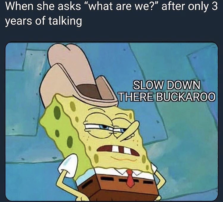 slow down buckaroo spongebob - When she asks "what are we?" after only 3 years of talking Slow Down There Buckaroo